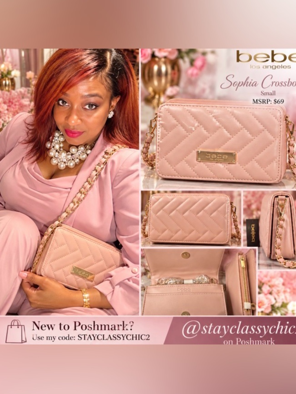 bebe Quilted Blush Pink Chain-Trim Crossbody Bag